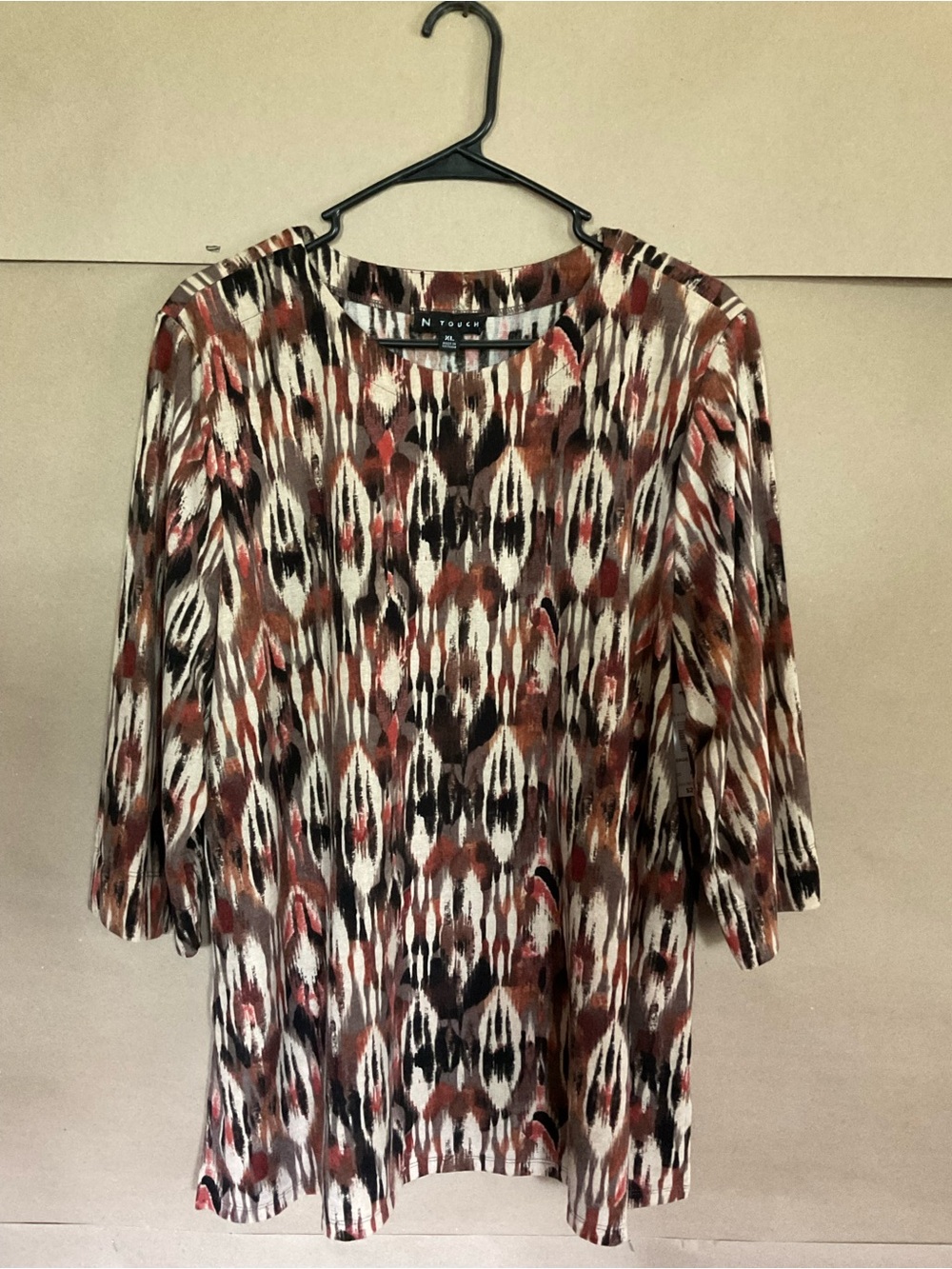 N Touch Abstract Ikat Print Tunic - Brown, Black & Cream. Size XL